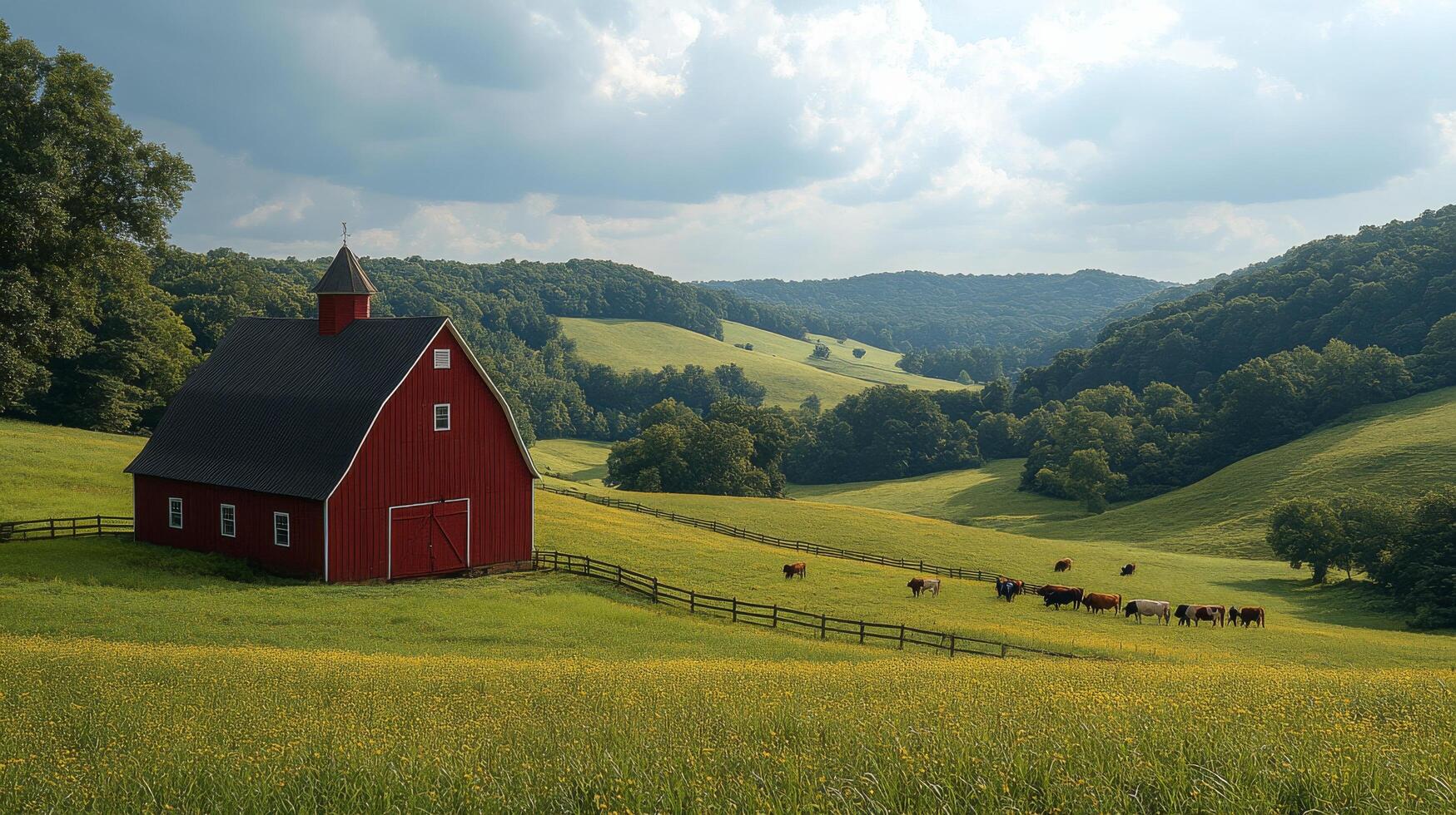 Red barn surrounded by green hills and grazing cows on a cloudy day photo