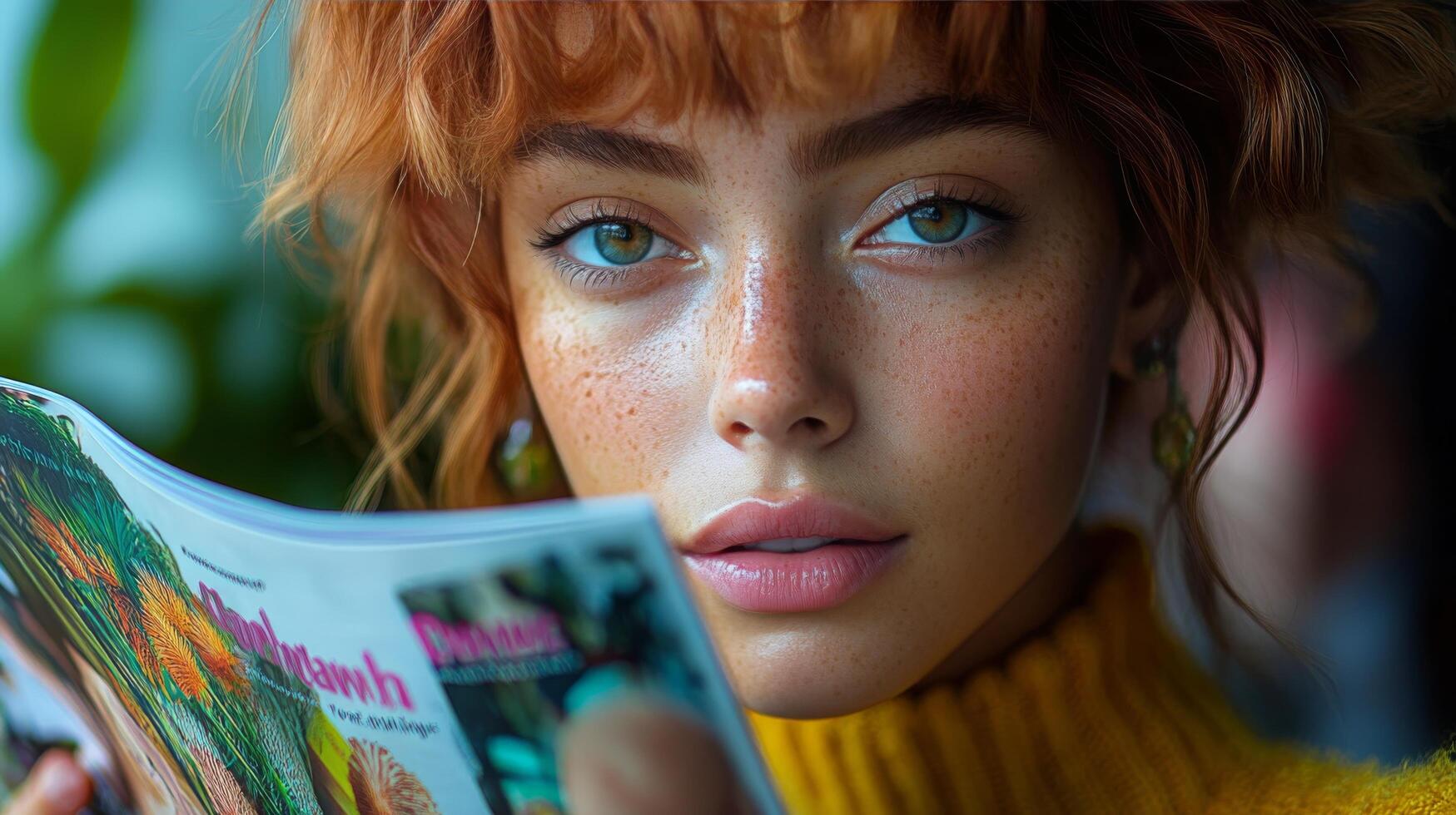 Woman enjoying a magazine while sitting in a cozy caf on a relaxed afternoon photo