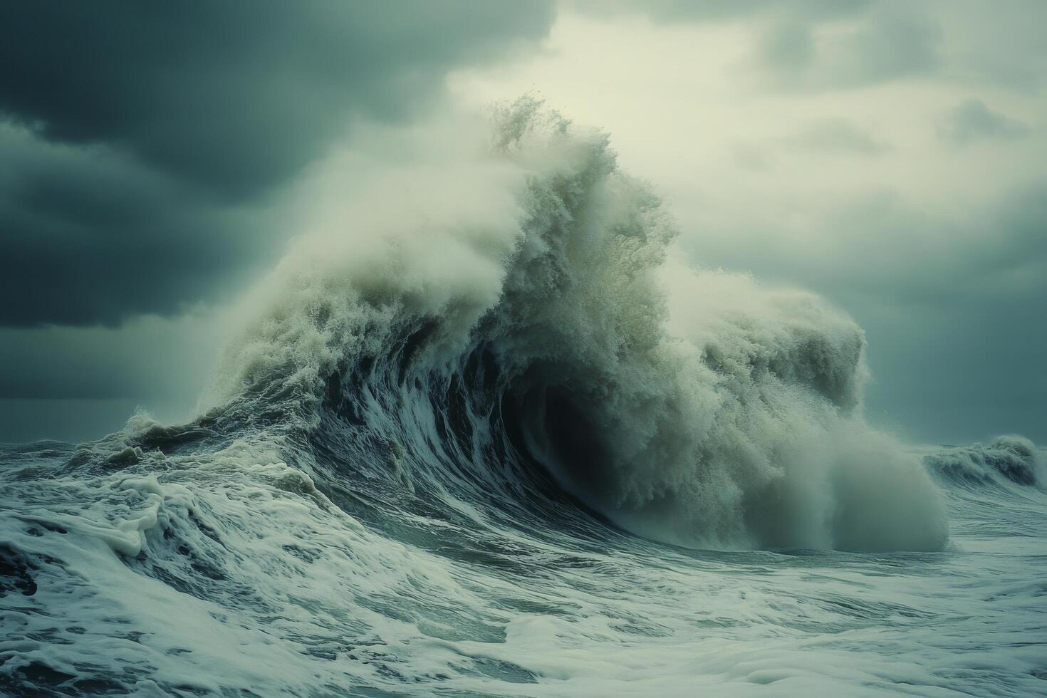 Massive ocean wave crashing against the shore under dark stormy clouds photo