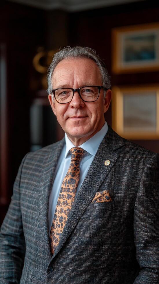 Business professional in a formal suit poses confidently in an office setting photo