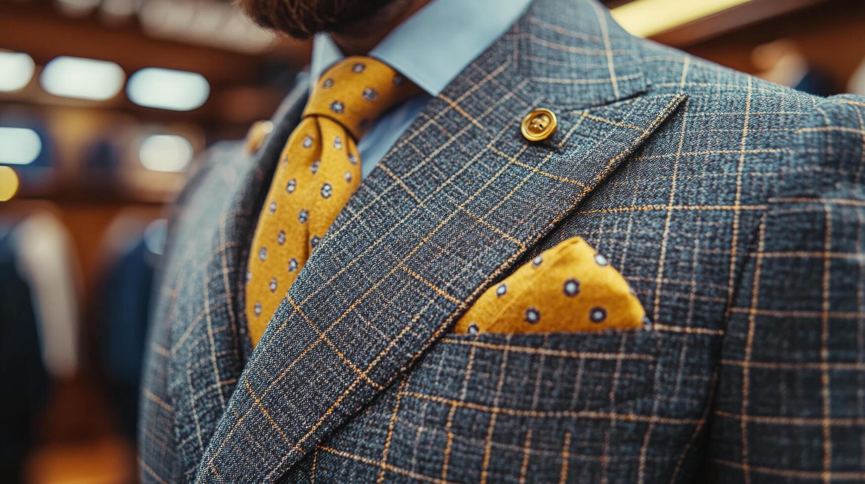 Man in tailored suit posing in a stylish menswear store showcasing elegant attire photo