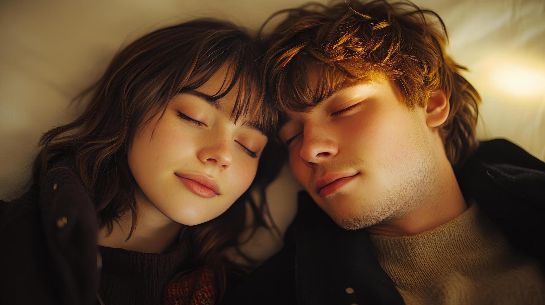 Two young people resting peacefully together in a cozy bedroom at night photo