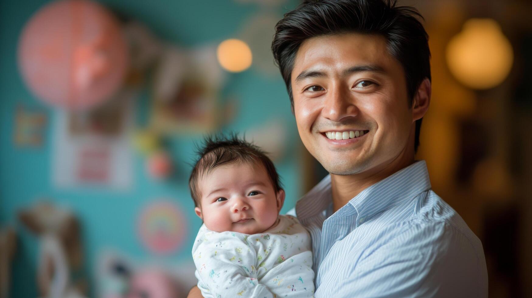 Father cuddles newborn baby in cozy indoor setting during morning light photo