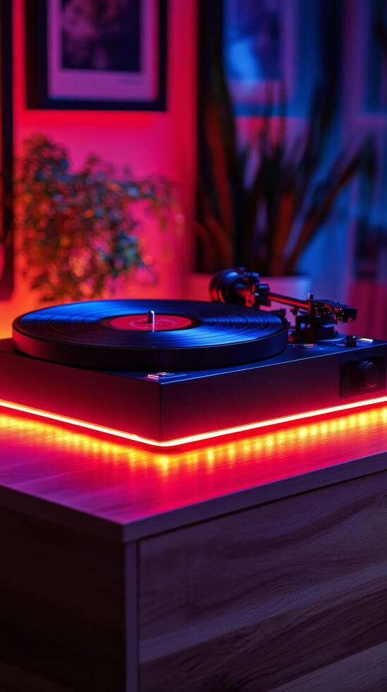 Stylish record player with colorful lighting in a cozy indoor setting photo