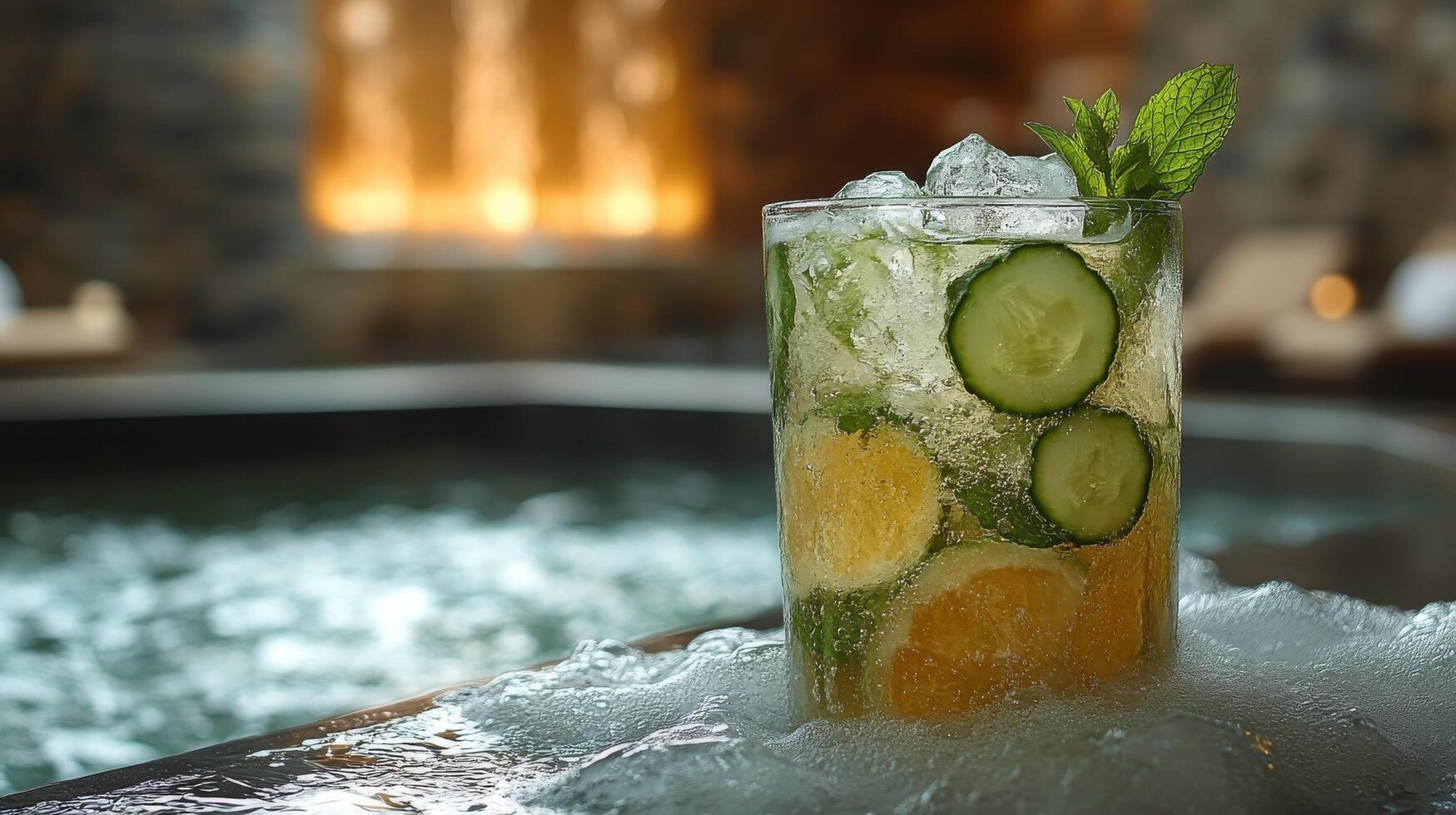 Refreshing drink with cucumber and mint served by a relaxing poolside setting photo