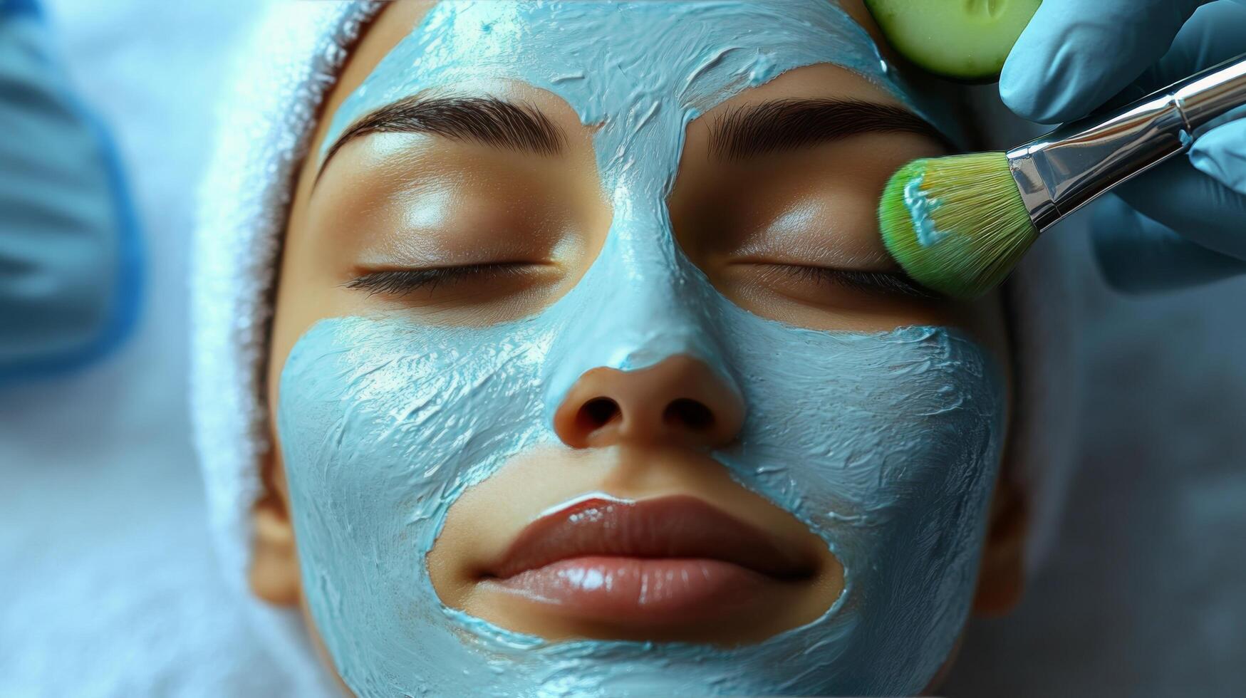 Relaxation and rejuvenation during a spa treatment with a green face mask and cucumber slices photo