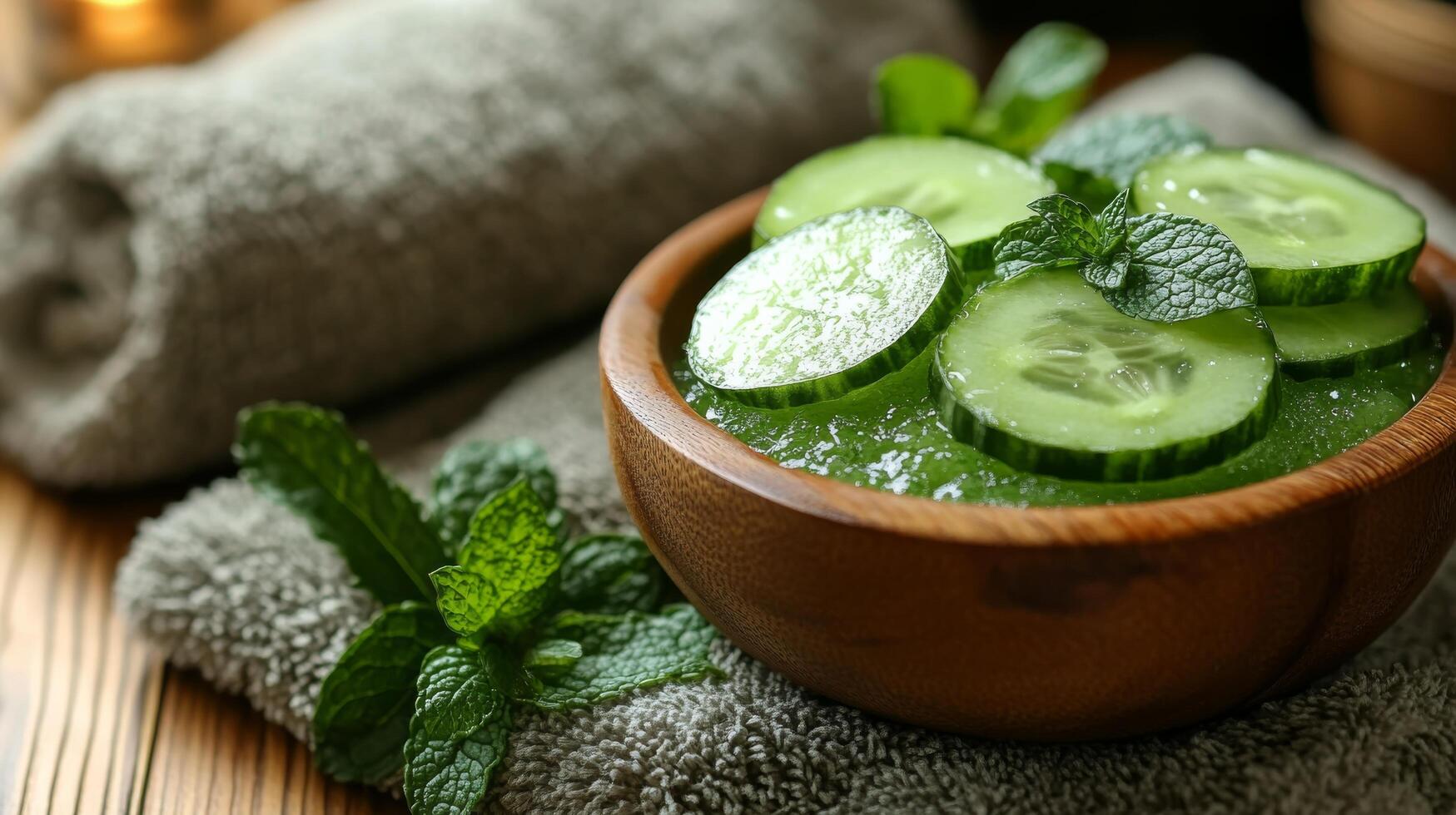 Relaxation and rejuvenation during a spa treatment with a green face mask and cucumber slices photo