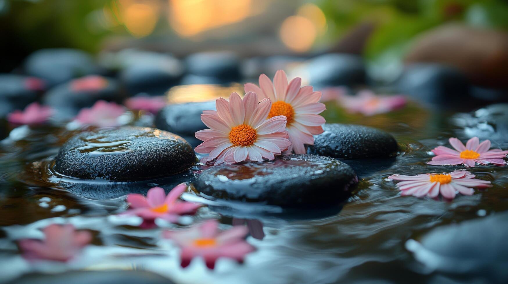 Person standing on stones in a tranquil pool surrounded by vibrant flowers at sunset photo