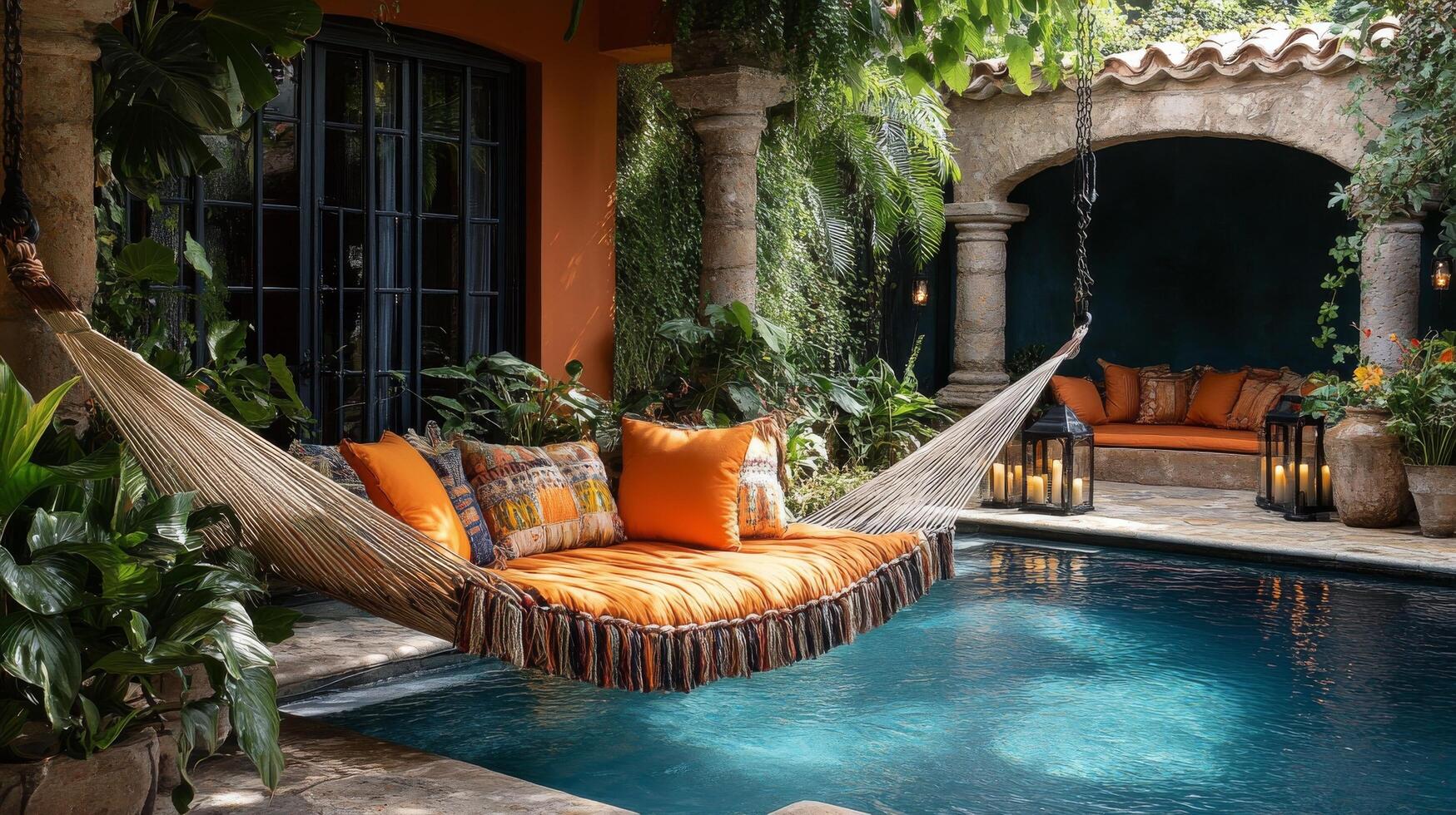 Relaxing hammock near a tranquil pool surrounded by lush greenery in a serene garden setting photo