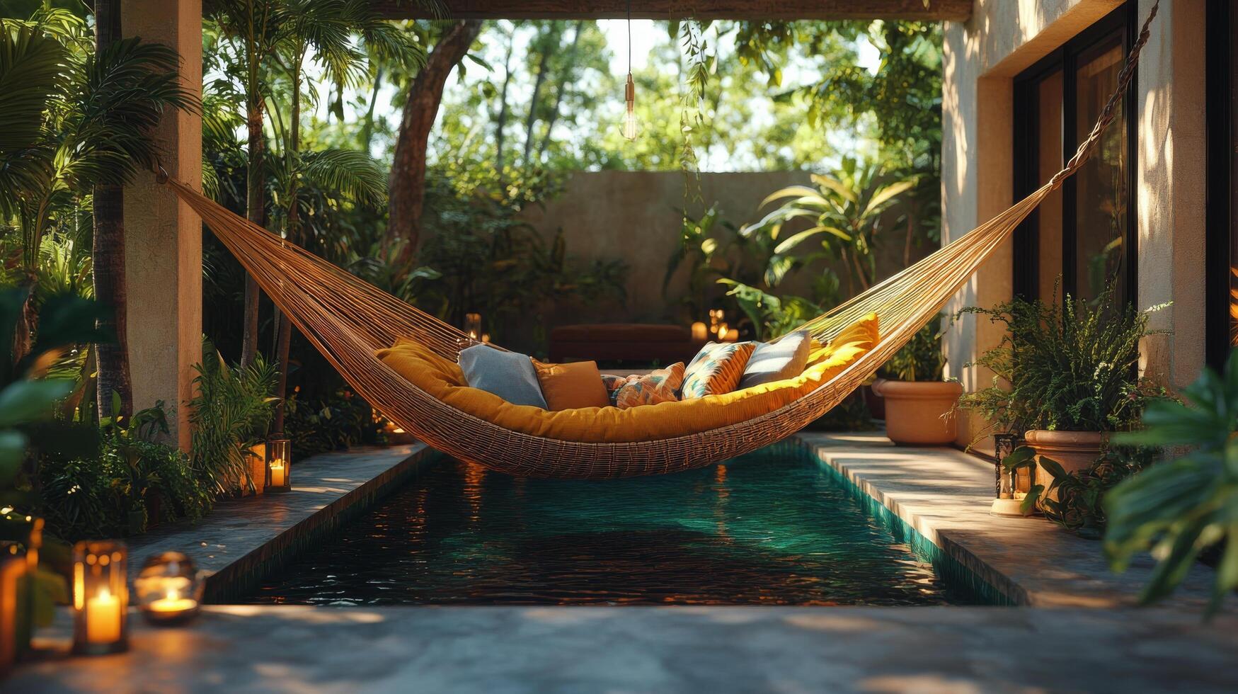Relaxing hammock near a tranquil pool surrounded by lush greenery in a serene garden setting photo
