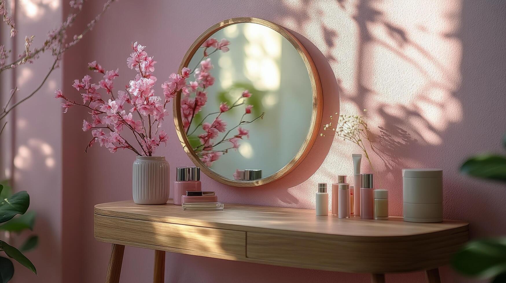 Elegant vanity table with floral decor and round mirror in softly lit room photo
