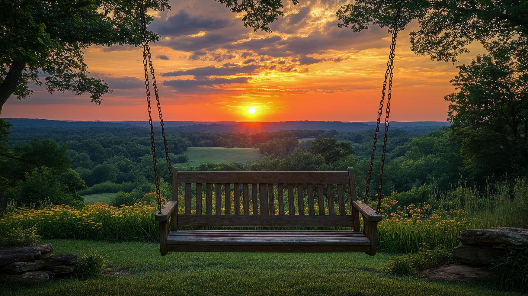 Swing hangs under a tree at sunset in a serene countryside setting photo