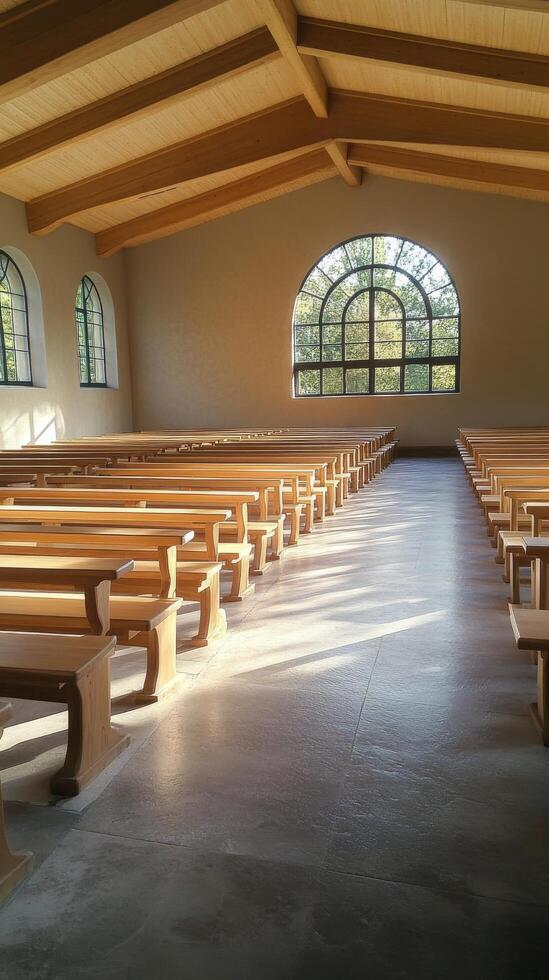 Empty classroom with wooden tables and natural light in a spacious layout photo