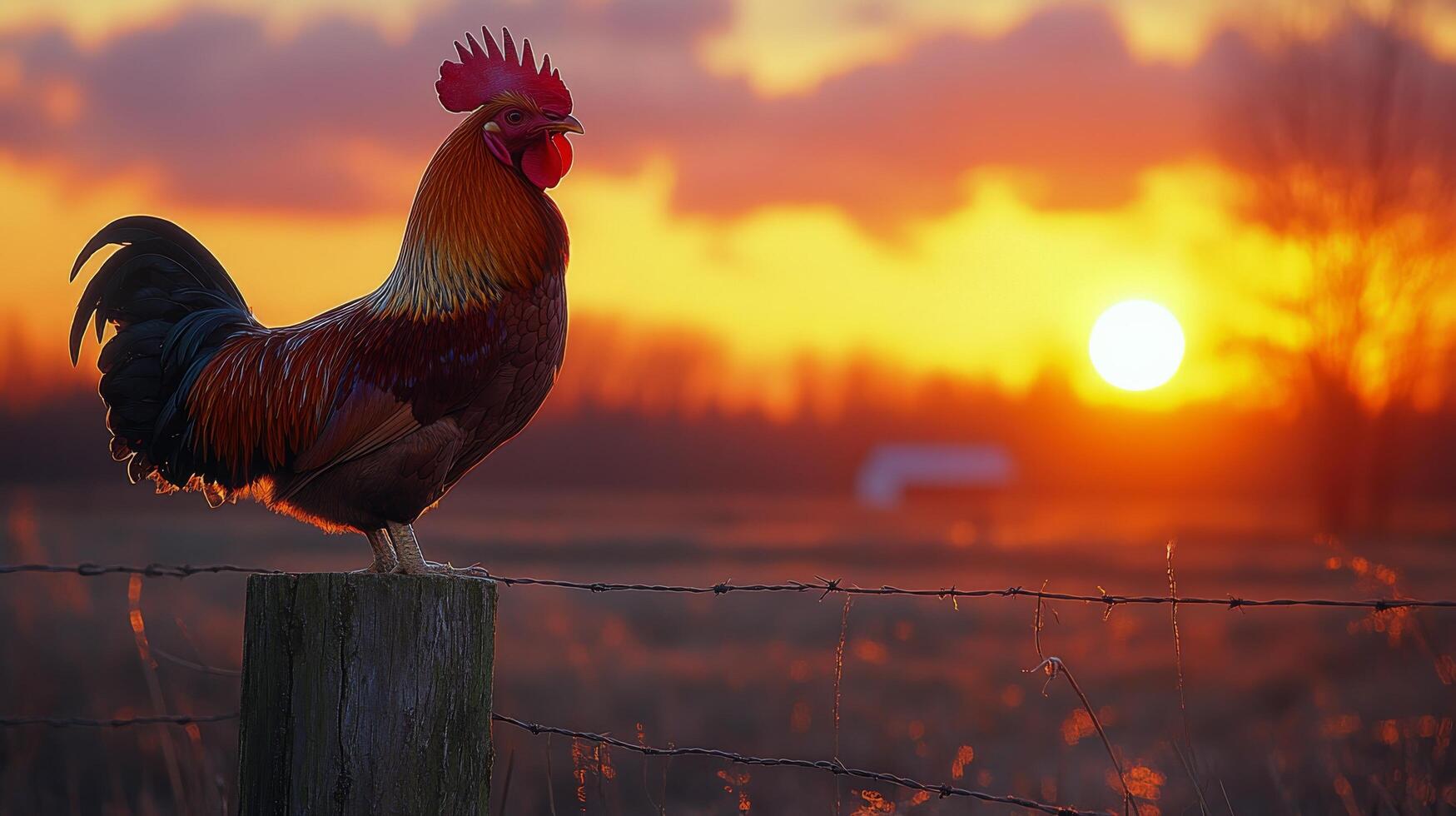 Colorful rooster perched on a fence post during a vibrant sunrise in a rural setting photo