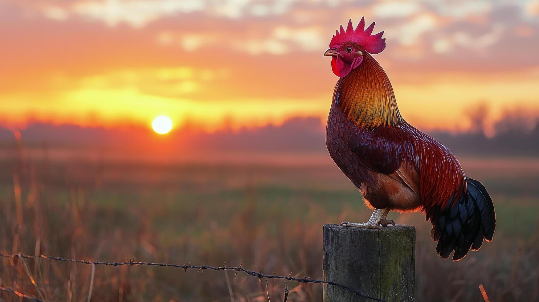 Colorful rooster perched on a fence post during a vibrant sunrise in a rural setting photo