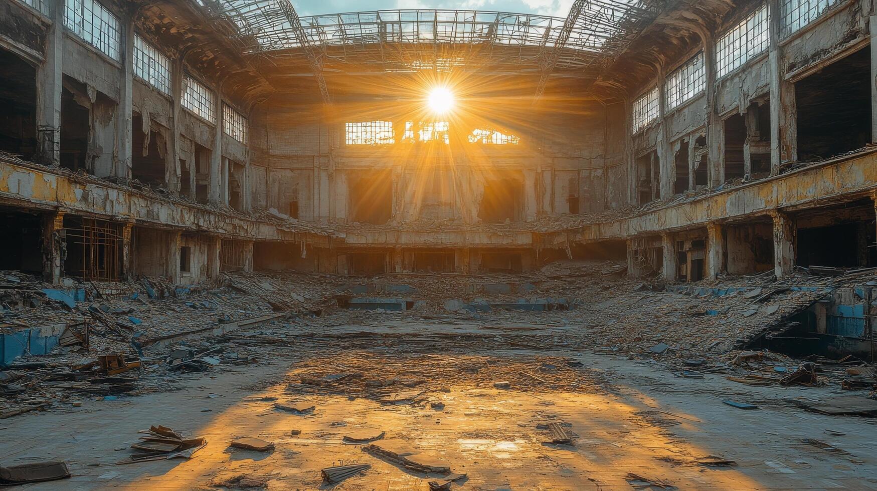 Abandoned stadium with overgrown surroundings and a stagnant pool of water in the center photo