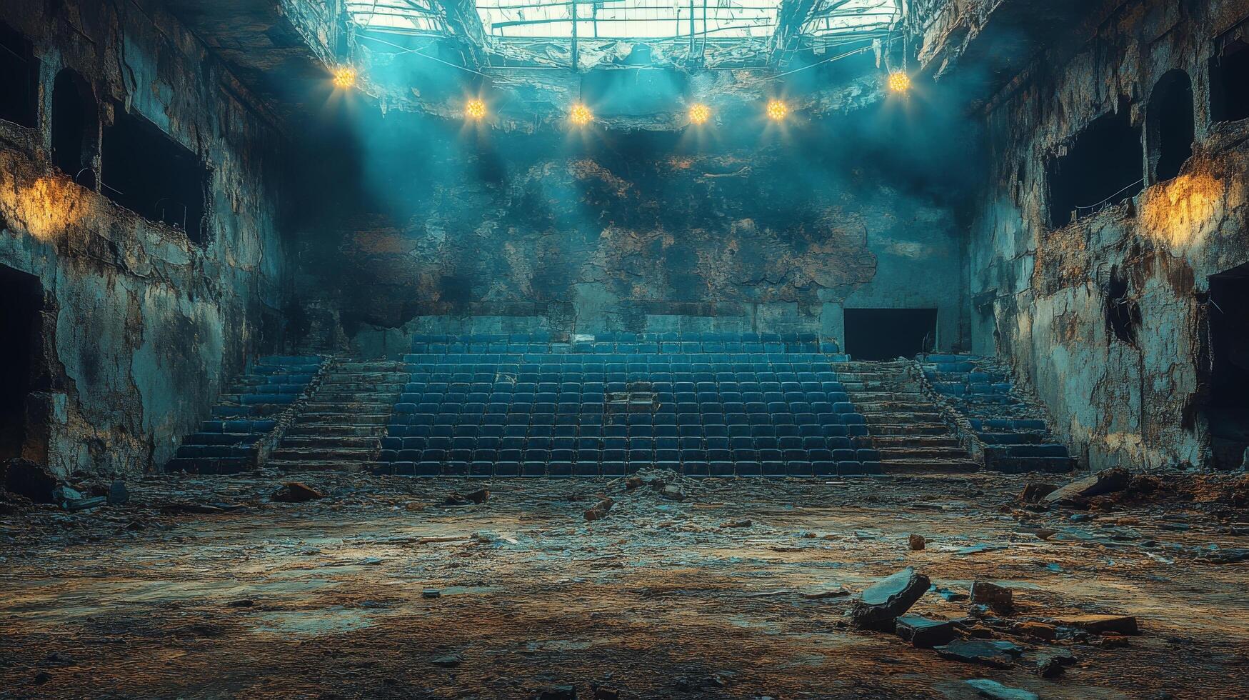 Abandoned stadium with overgrown surroundings and a stagnant pool of water in the center photo