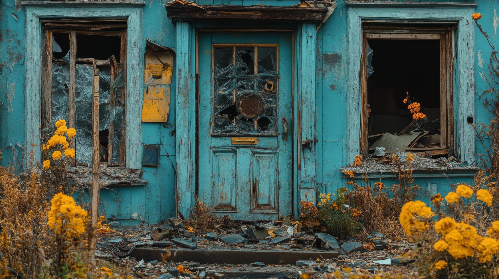 Abandoned blue house with overgrown garden and pumpkins during autumn photo