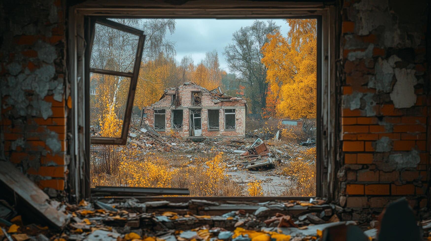 Abandoned blue house with overgrown garden and pumpkins during autumn photo
