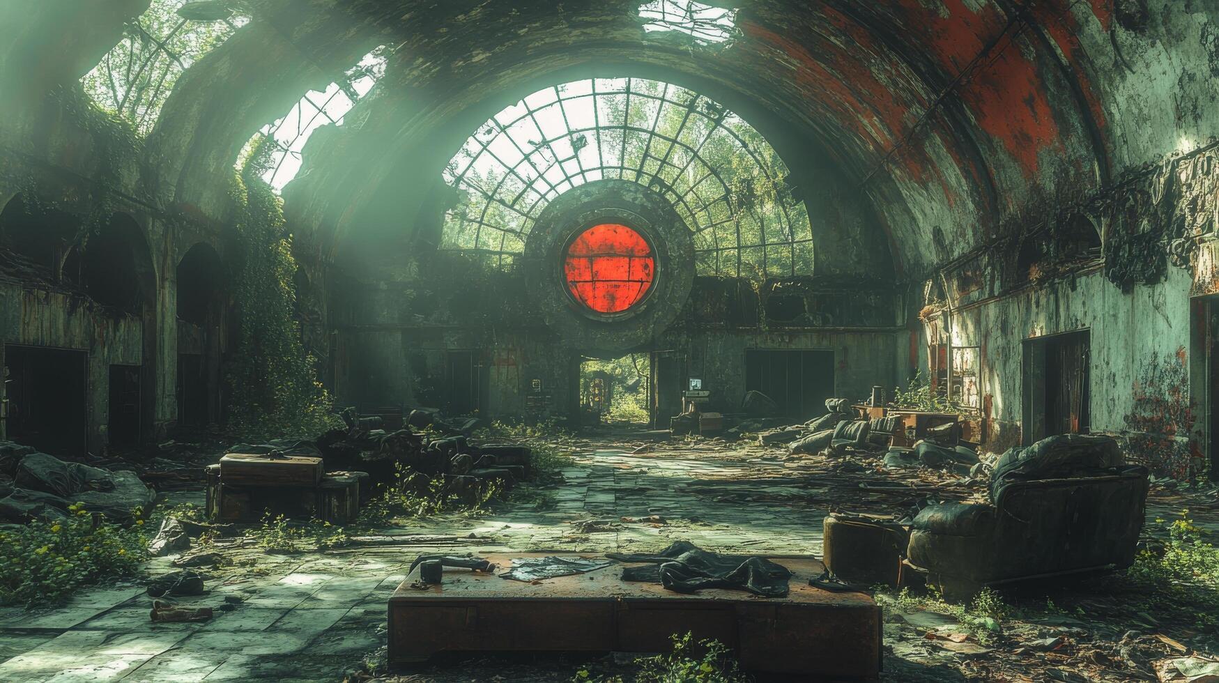 Abandoned tank in a desolate urban landscape with a historic church under gray skies photo