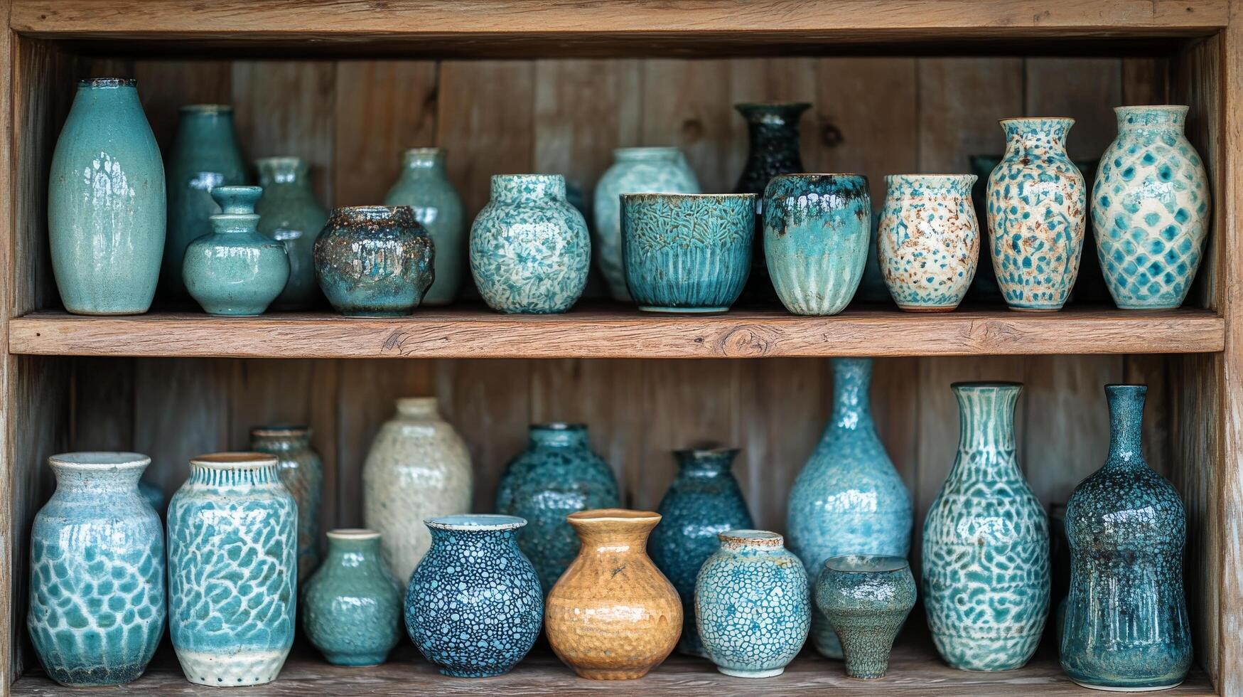 Display of traditional ceramic jars in a quaint shop during late afternoon photo