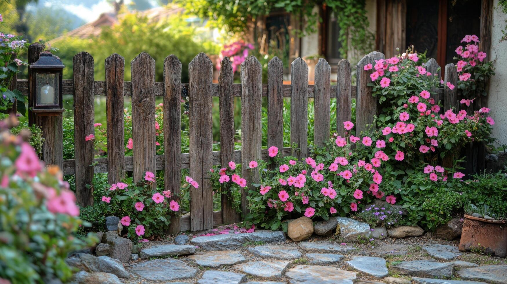 Beautiful pink climbing roses adorning a weathered wooden fence in a serene garden setting photo
