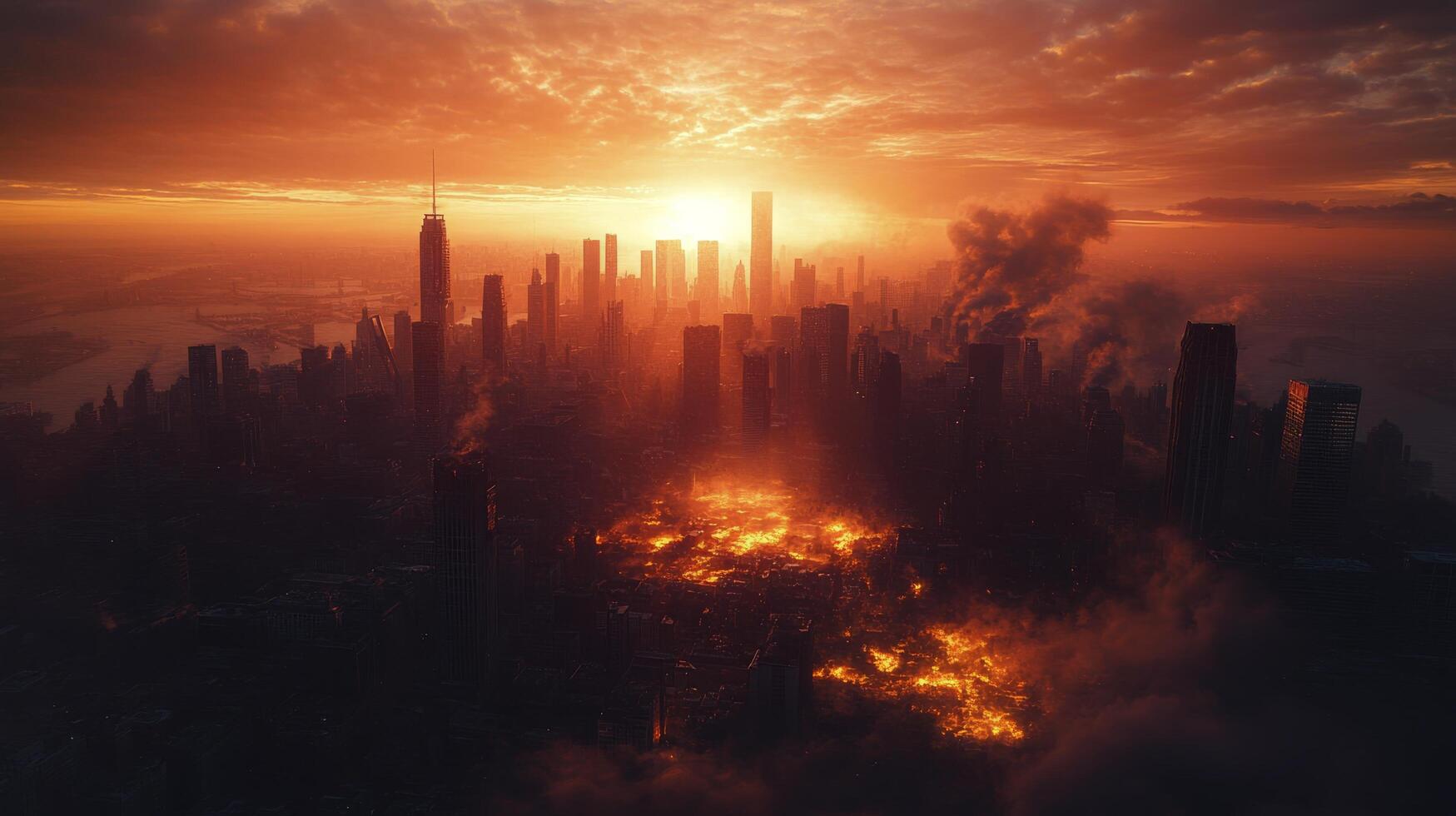 Devastation from wildfire under a dramatic sunset in a suburban area photo