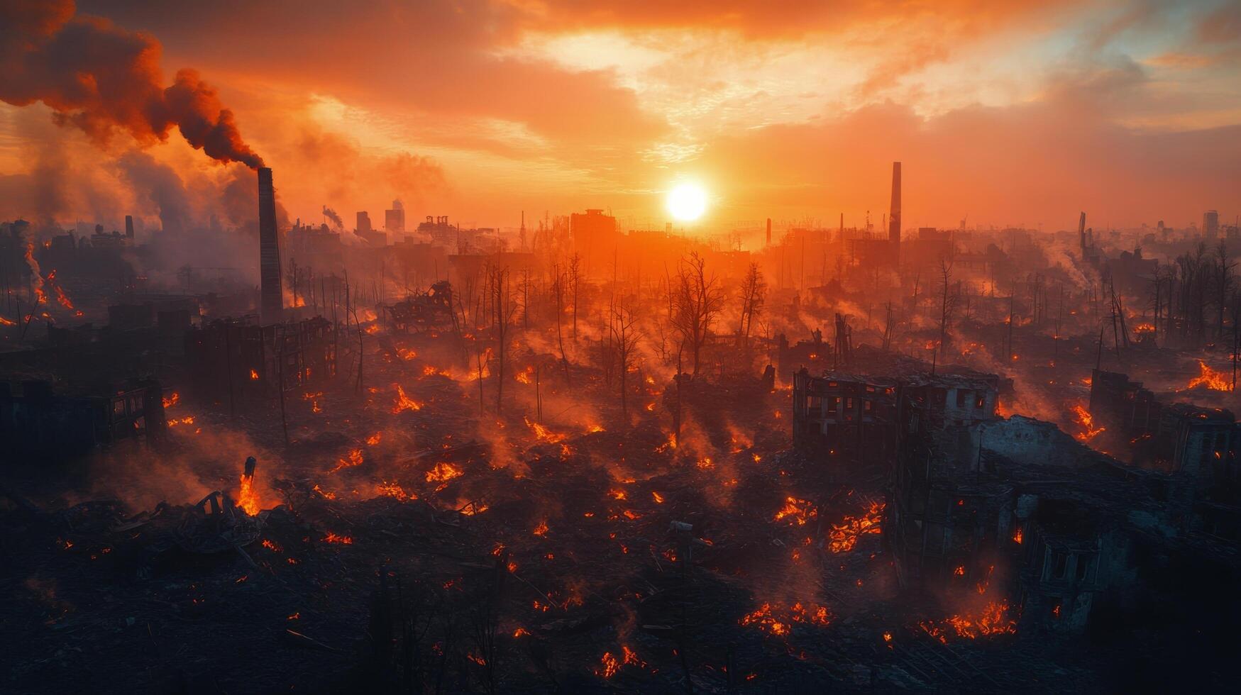 Devastation from wildfire under a dramatic sunset in a suburban area photo