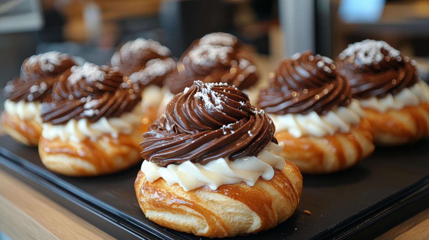 Delicious pastries topped with chocolate and cream at a bakery counter photo