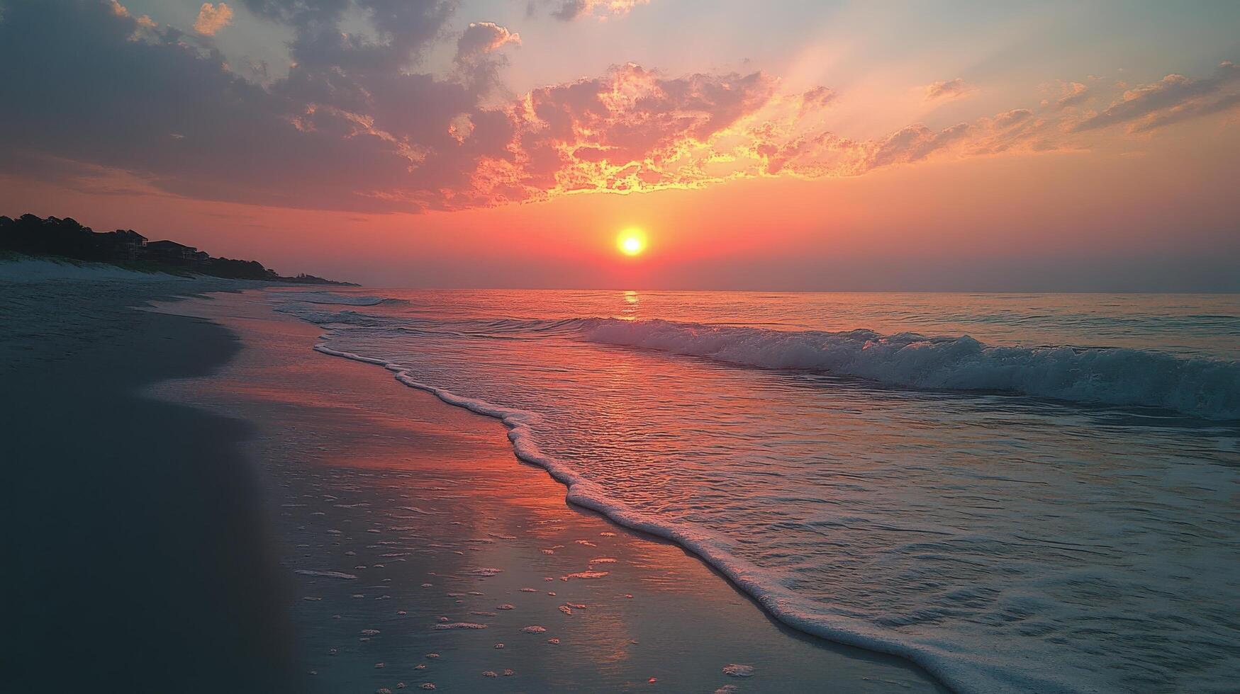 Beautiful sunset over calm ocean waves reflecting colors on sandy beach photo