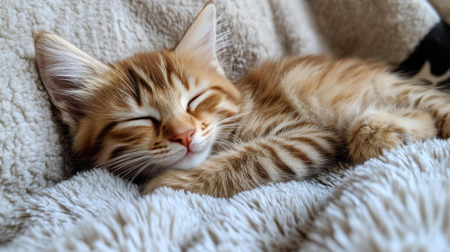 Soft and fluffy kitten napping peacefully on cozy blanket in a warm environment photo