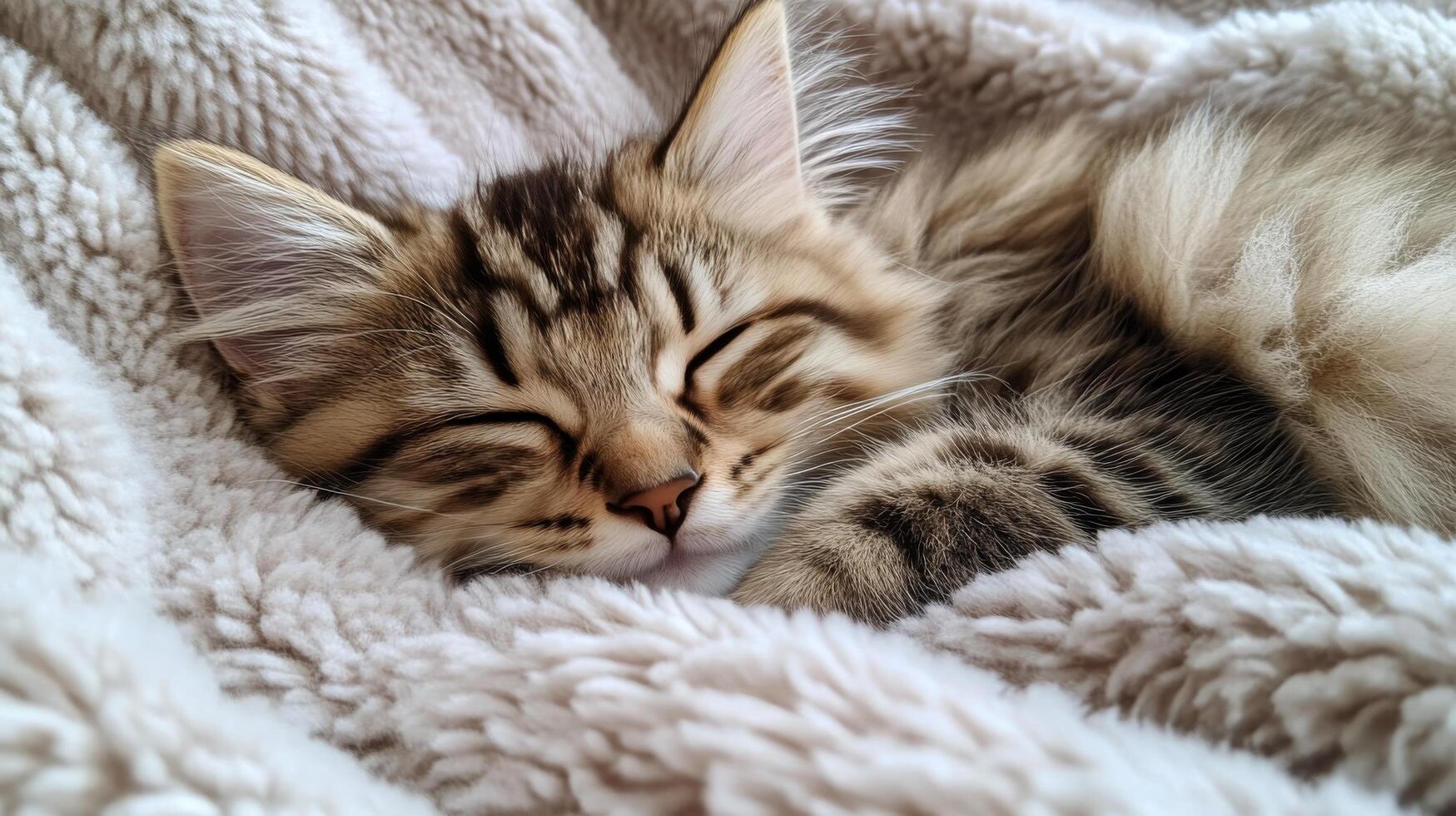 Soft and fluffy kitten napping peacefully on cozy blanket in a warm environment photo