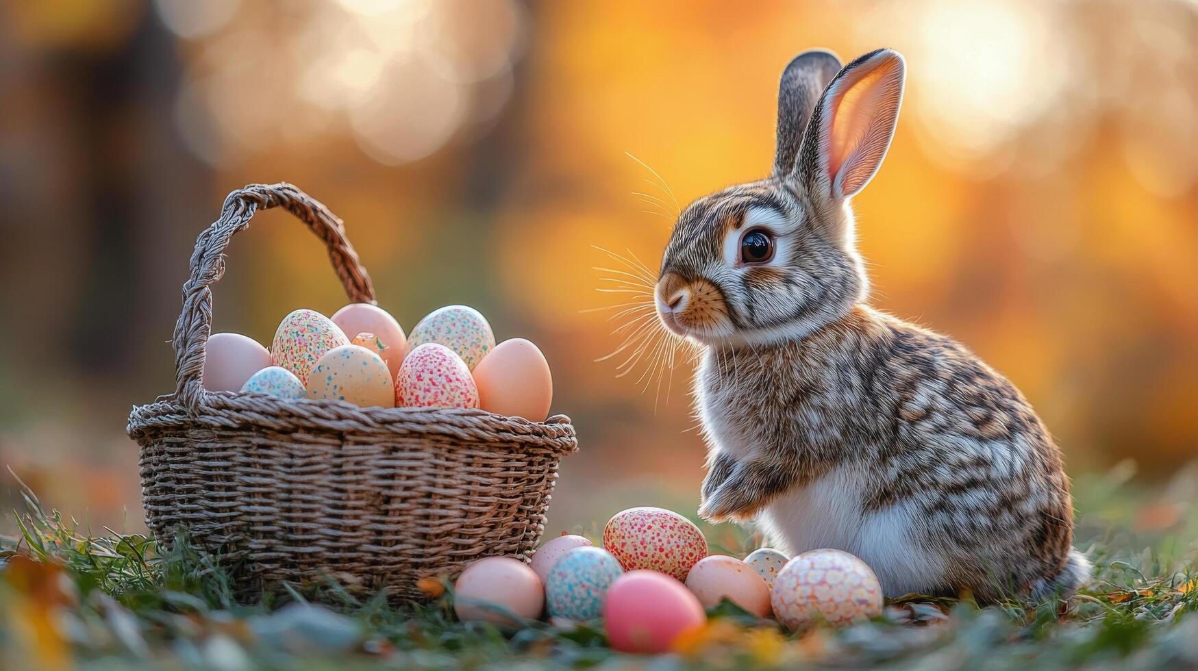 Colorful Easter basket filled with decorated eggs and flowers in a sunny garden photo