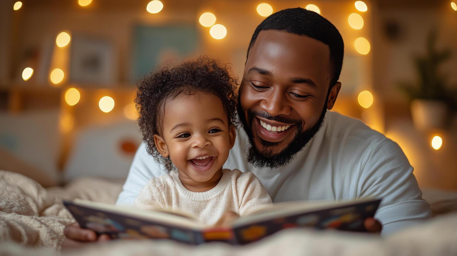 Smiling baby reading a colorful book while lying on a soft rug indoors photo