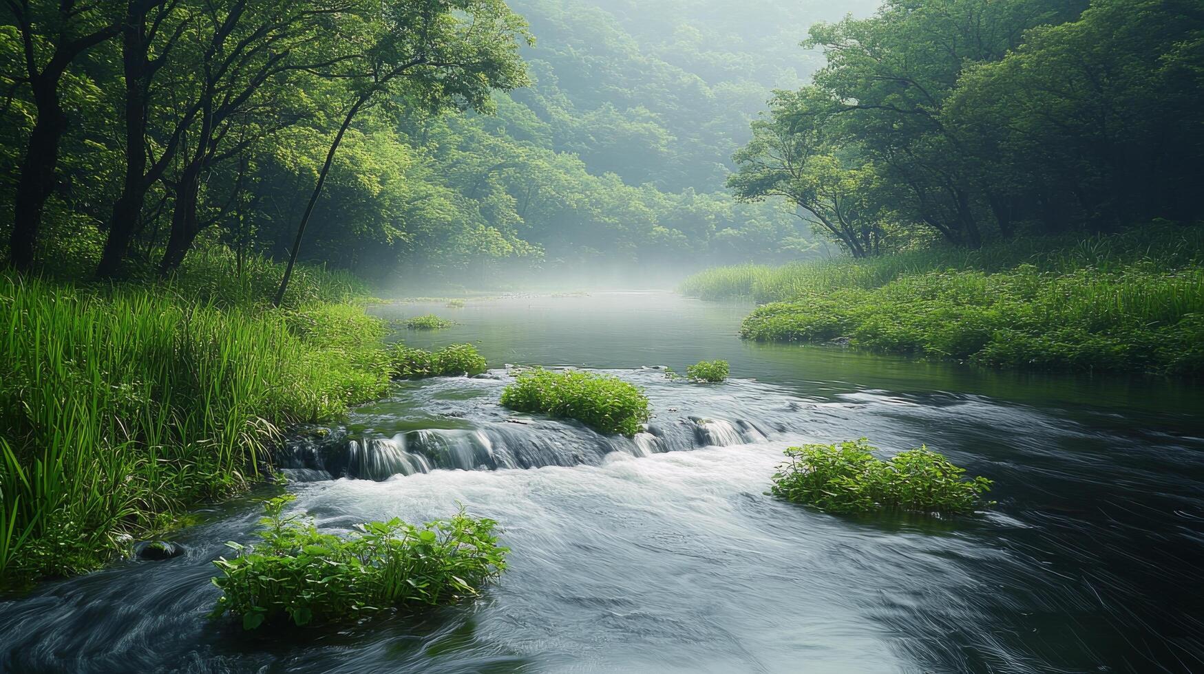 Lush river flowing through green forest with misty mountains in the background during a cloudy day photo