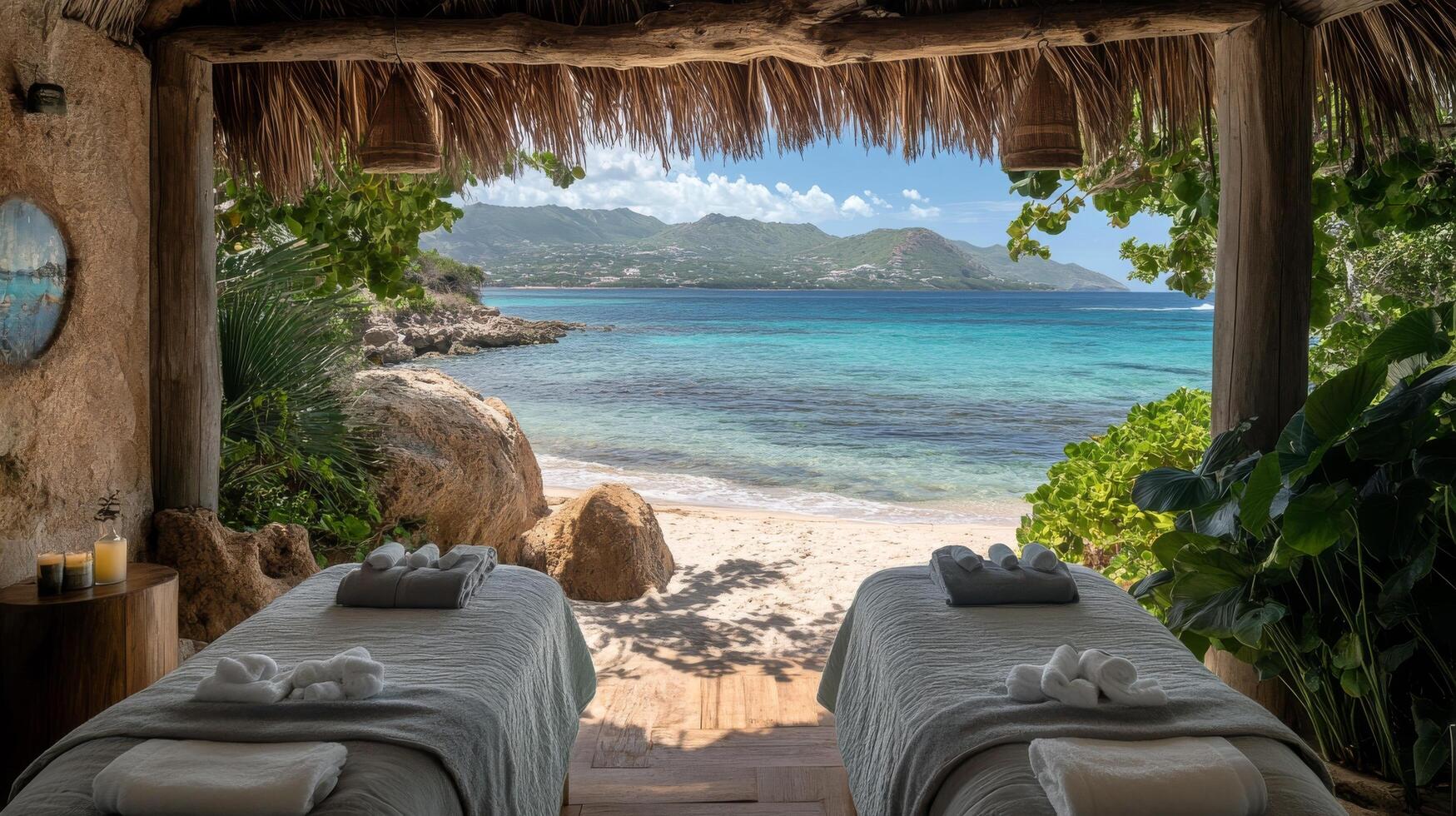Serenity on the beach with lounge chairs and clear blue waters under sunny skies photo