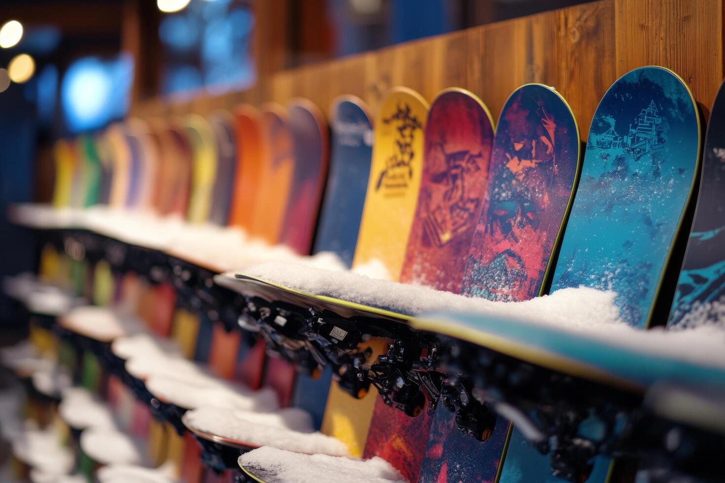 Colorful snowboards lined up in a rental shop ready for a winter adventure in the mountains photo