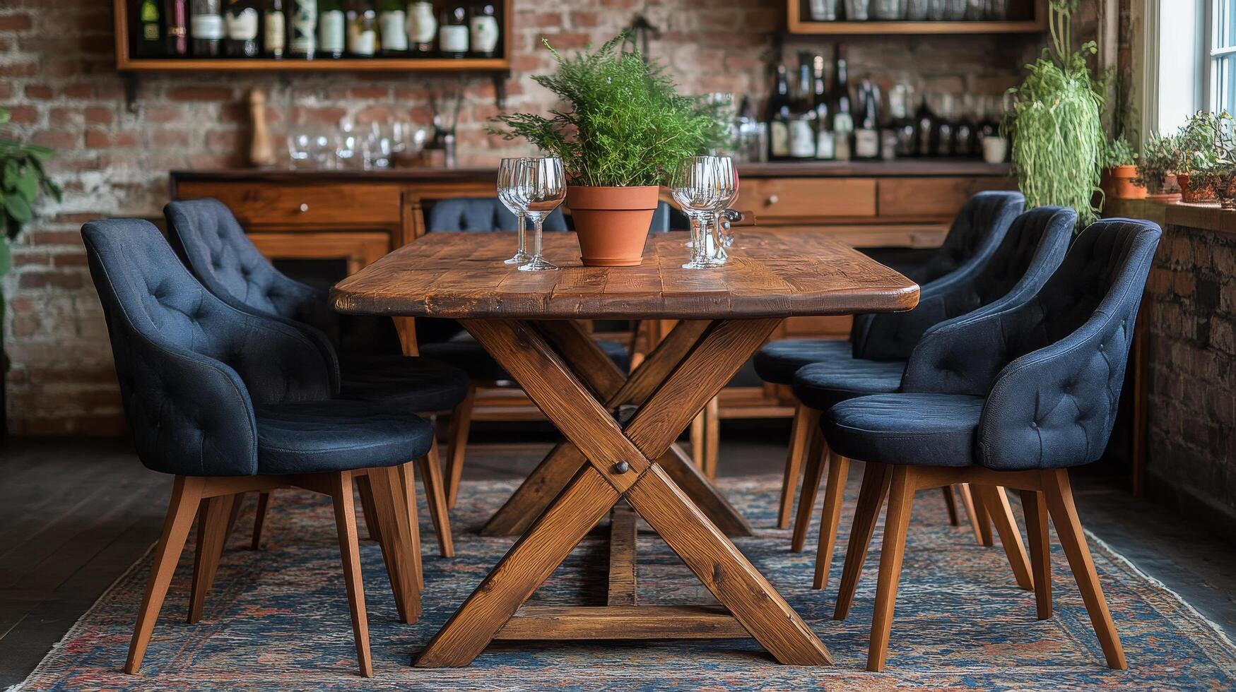 Elegant dining area with wood table and upholstered chairs in a rustic cabin setting photo