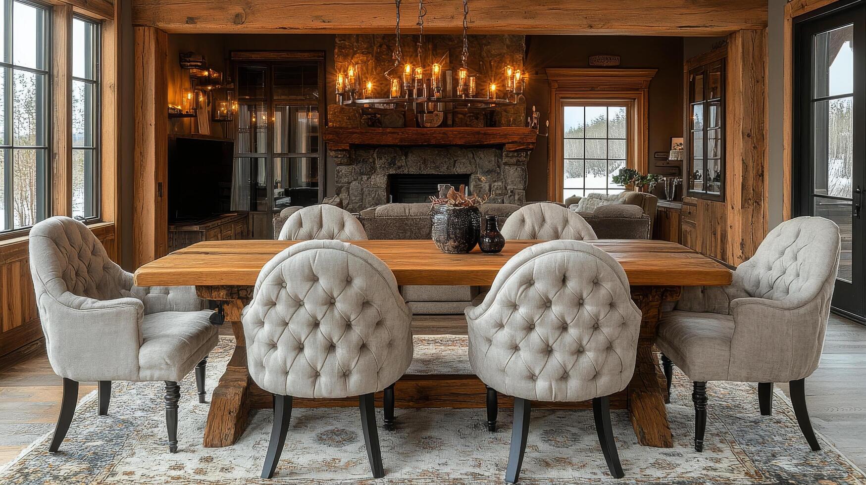 Elegant dining area with wood table and upholstered chairs in a rustic cabin setting photo