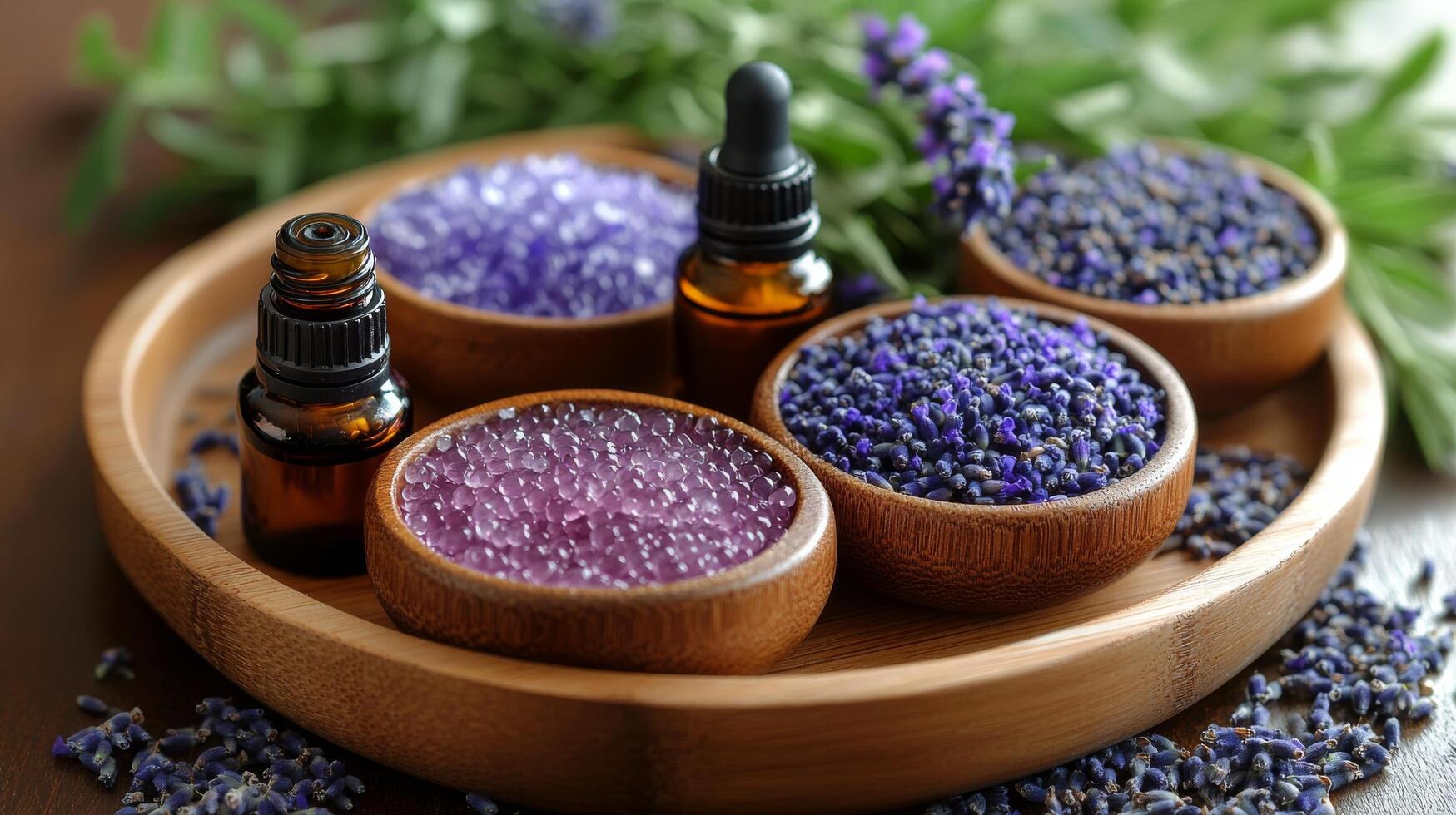 Natural lavender essential oils and flowers arranged on a wooden tray in a calming indoor setting photo