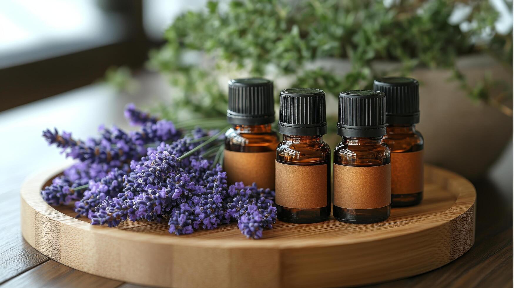 Natural lavender essential oils and flowers arranged on a wooden tray in a calming indoor setting photo