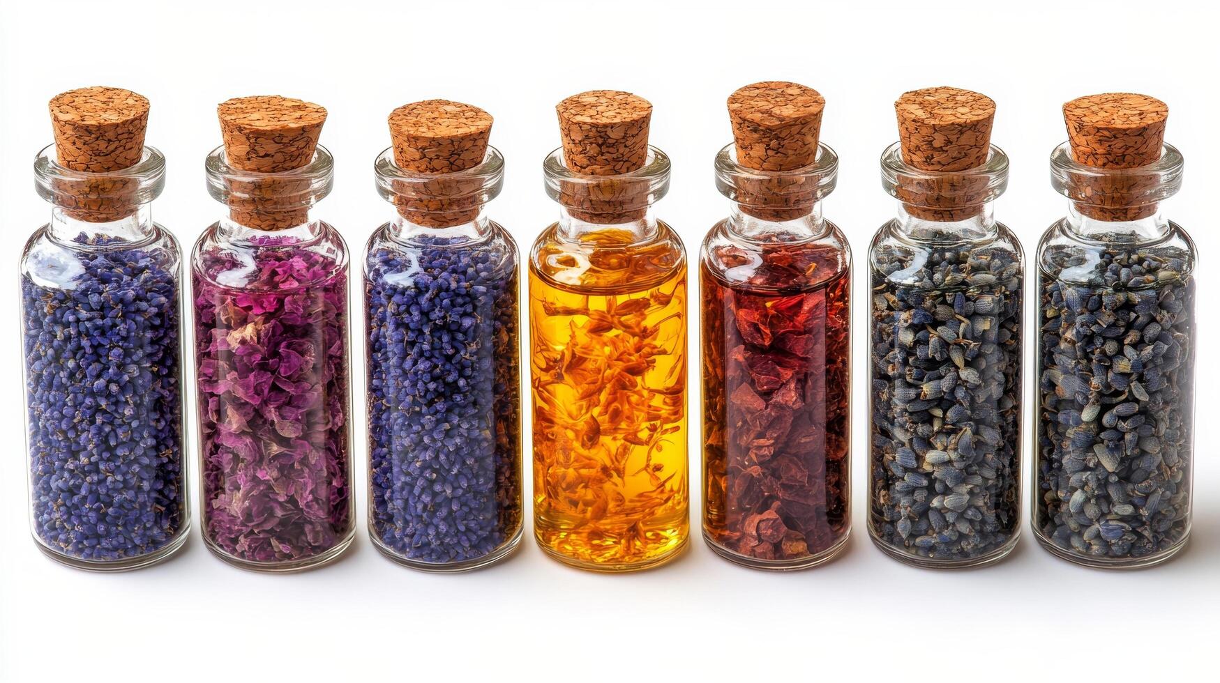 Colorful glass bottles filled with various aromatic substances arranged neatly on a surface photo
