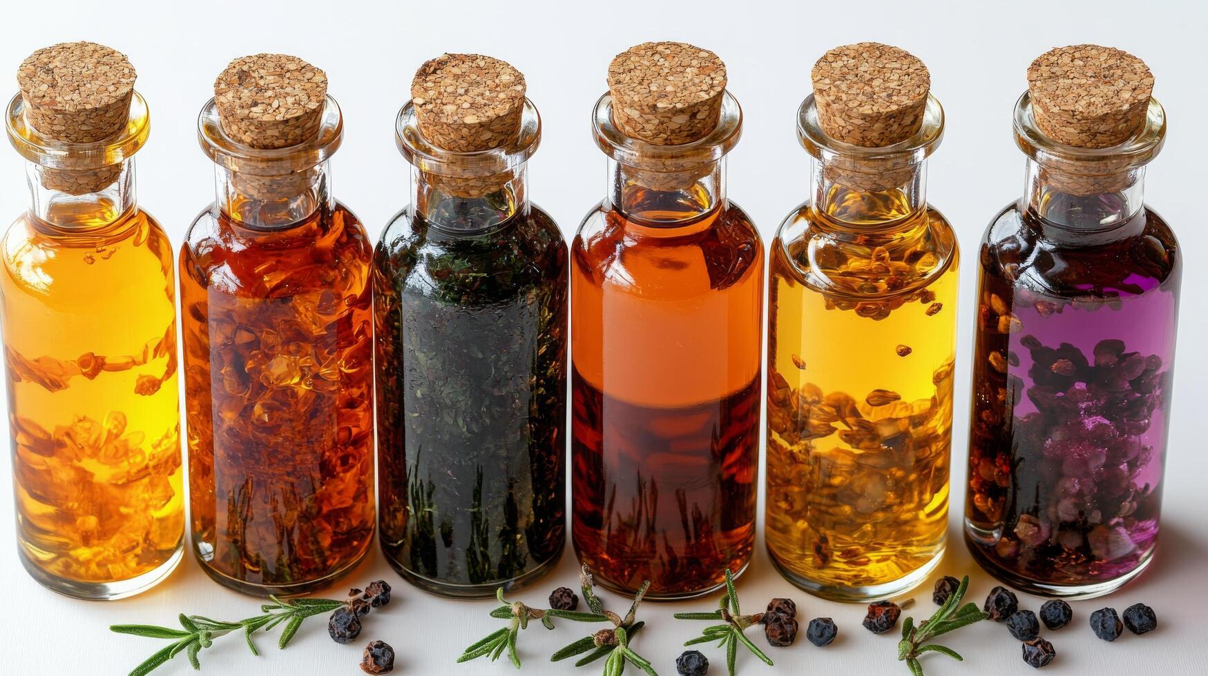 Colorful glass bottles filled with various aromatic substances arranged neatly on a surface photo