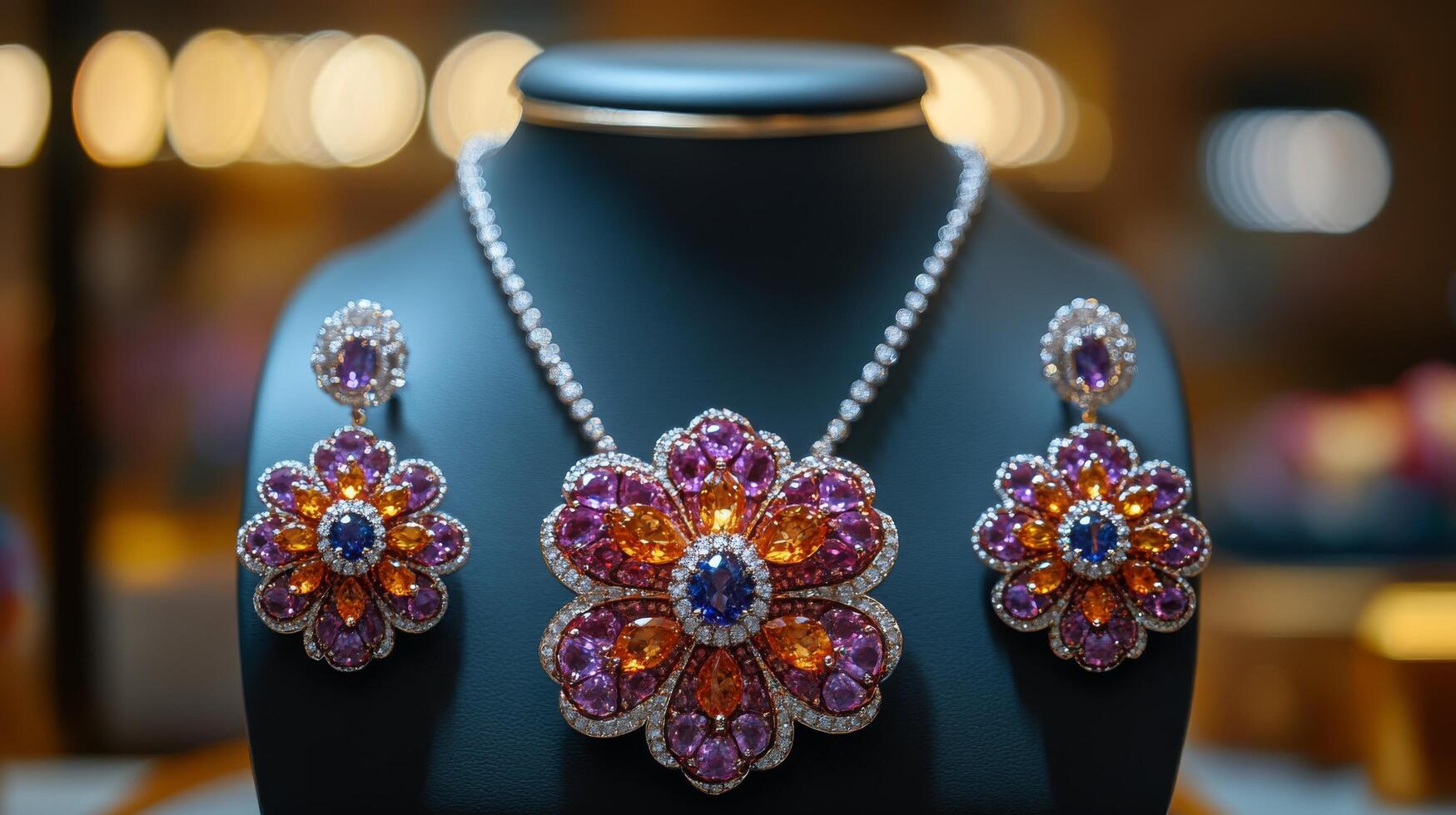 Elegant necklace display showcasing colorful gemstones and intricate design in a luxurious setting photo