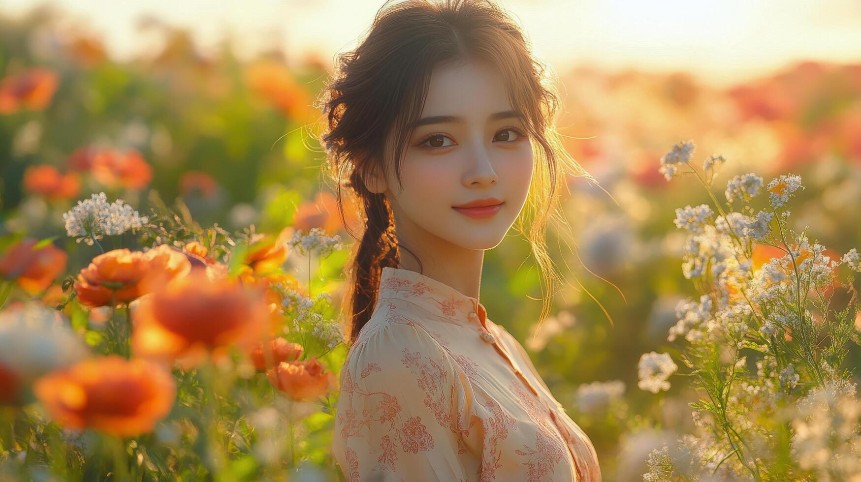 Woman in orange dress walking through flower-lined path at sunset in a tranquil garden photo