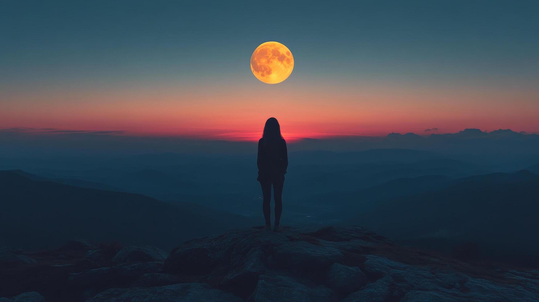 Woman standing on a mountain peak under a full moon at dusk with vibrant sky colors photo