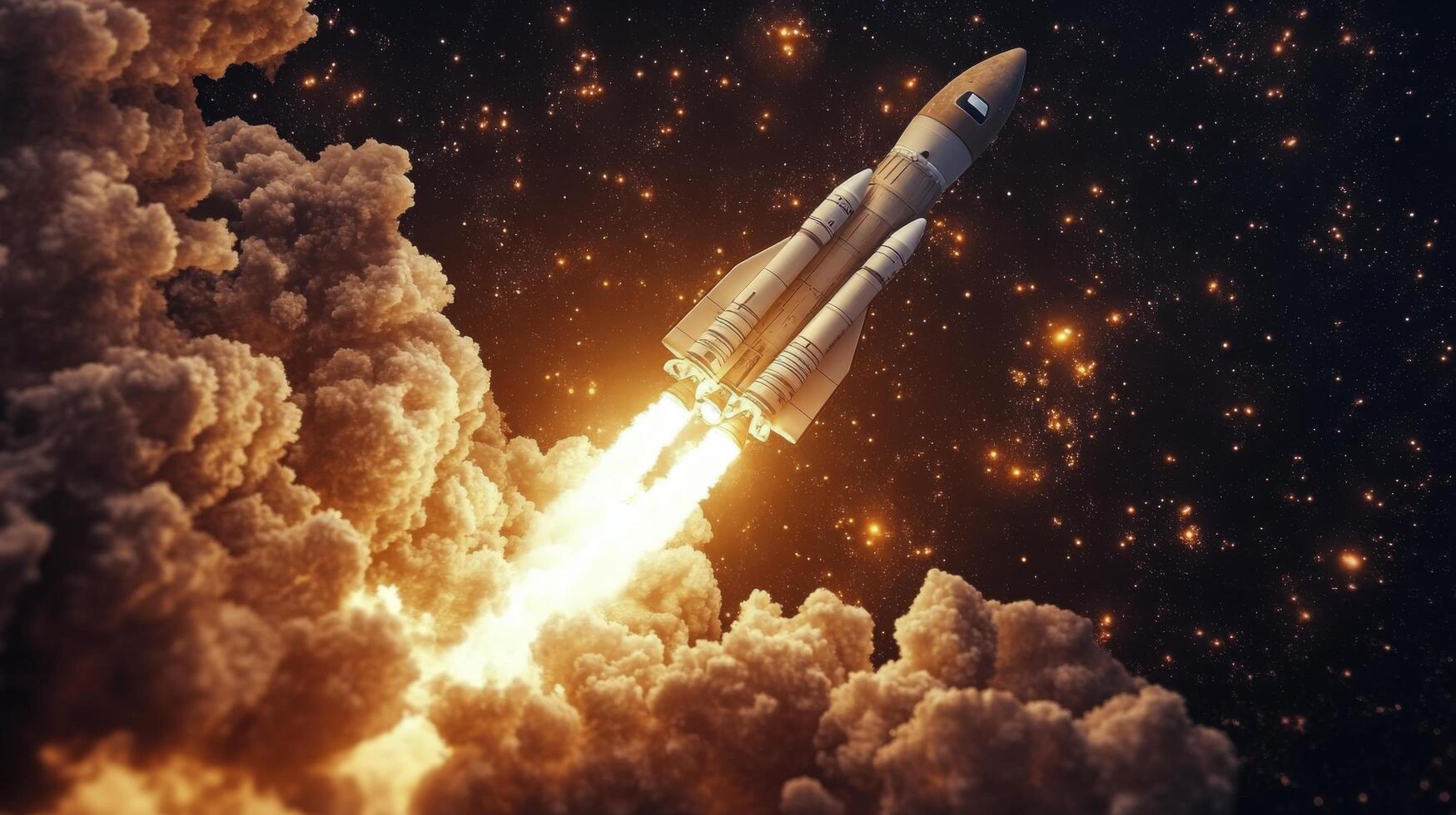 Rocket launches into space surrounded by fiery clouds and sparks from the engines at high velocity photo