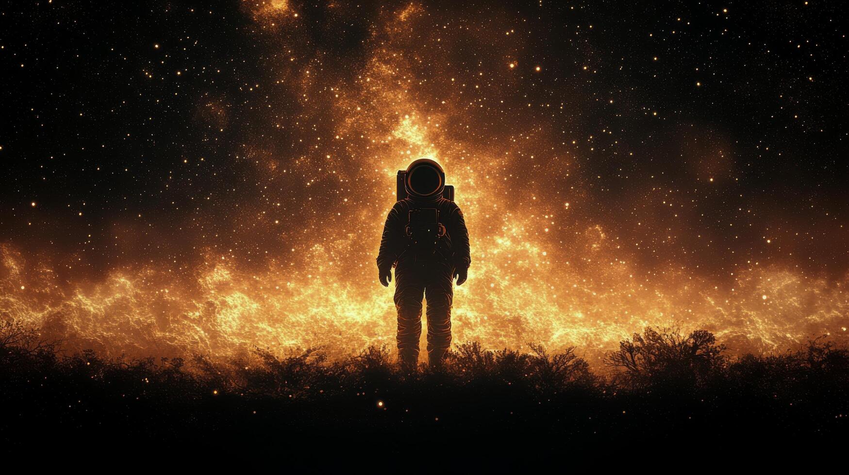 Astronaut standing against a backdrop of flames and stars in a surreal cosmic landscape photo