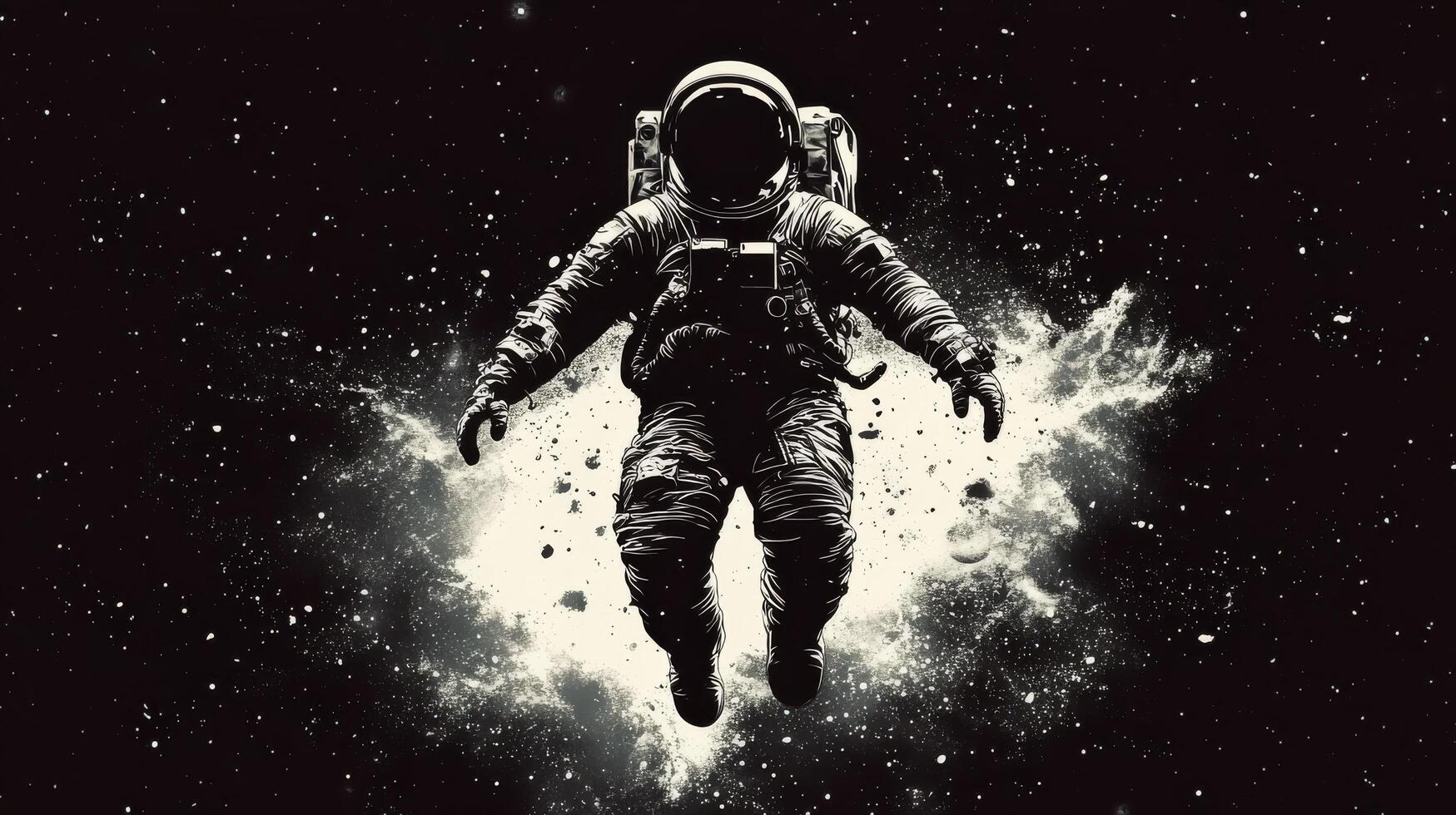 Astronaut standing against a backdrop of flames and stars in a surreal cosmic landscape photo