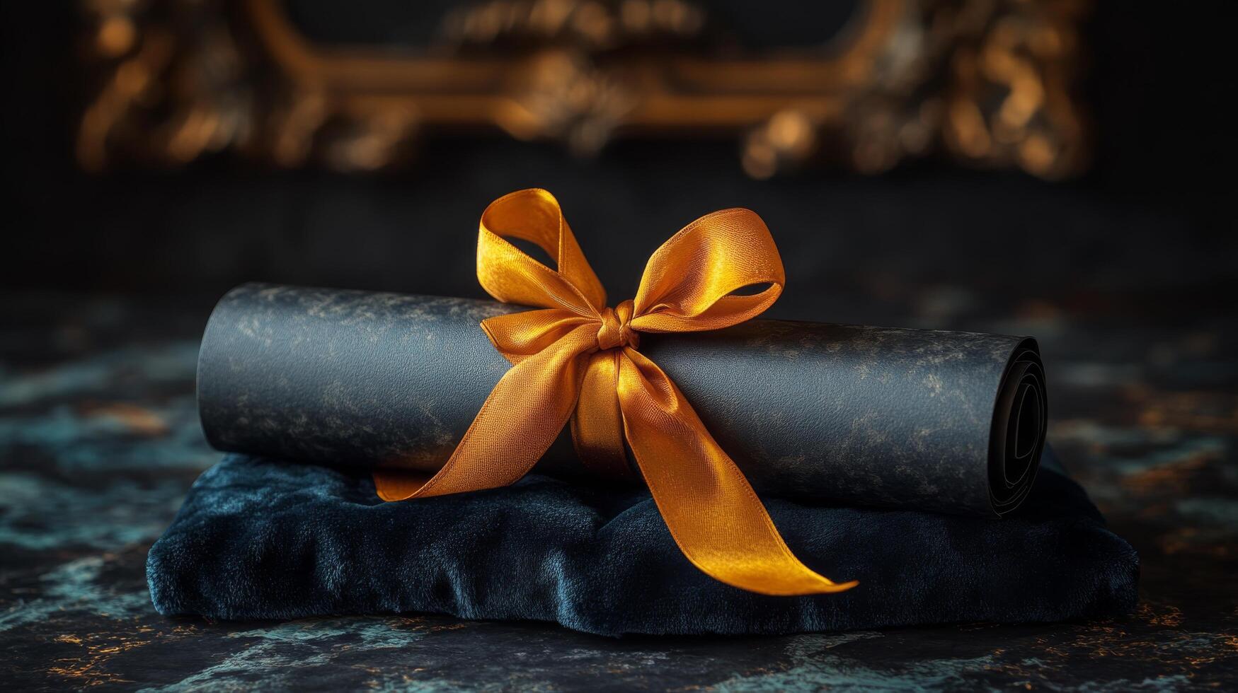 Decorative scroll with a satin ribbon placed on a dark cushioned surface in a tranquil setting photo